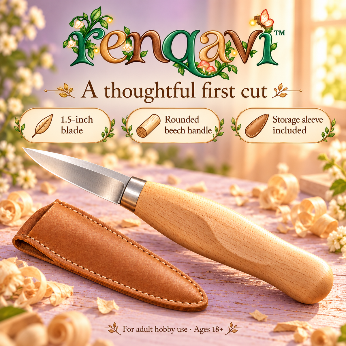 renqavi™ FirstCut Beginner Wood Carving Knife — 1.5-Inch Whittling Blade, Beech Handle & Storage Sleeve
