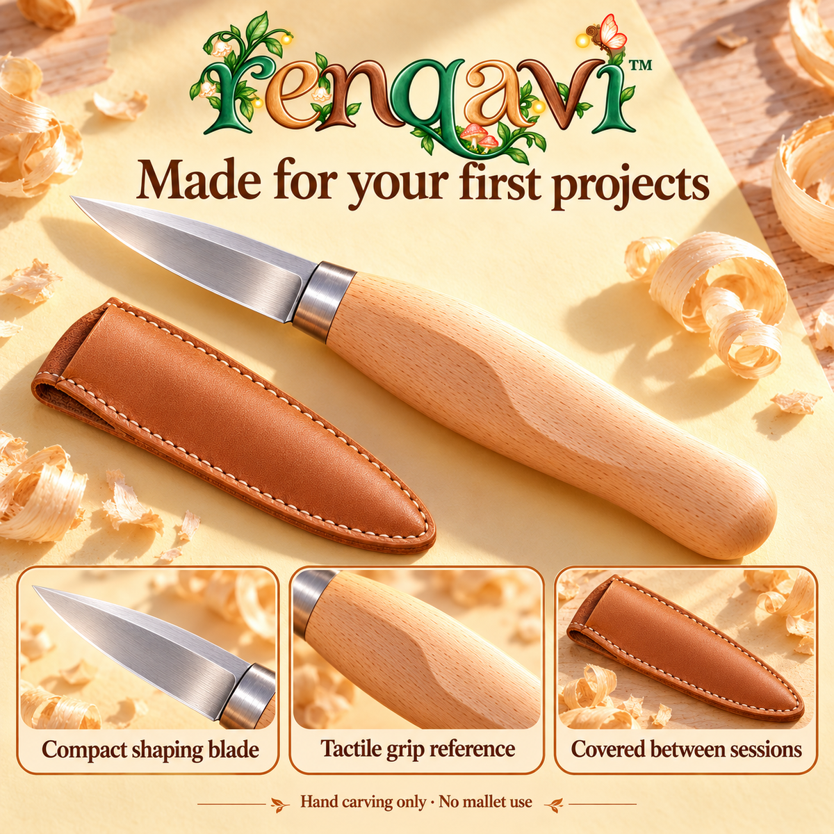 renqavi™ FirstCut Beginner Wood Carving Knife — 1.5-Inch Whittling Blade, Beech Handle & Storage Sleeve