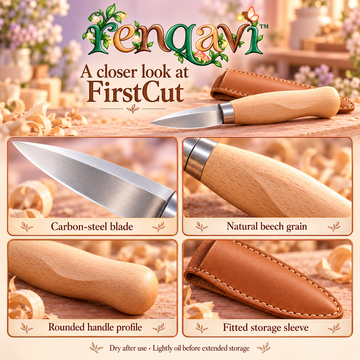 renqavi™ FirstCut Beginner Wood Carving Knife — 1.5-Inch Whittling Blade, Beech Handle & Storage Sleeve