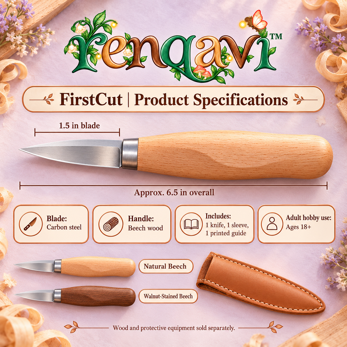 renqavi™ FirstCut Beginner Wood Carving Knife — 1.5-Inch Whittling Blade, Beech Handle & Storage Sleeve