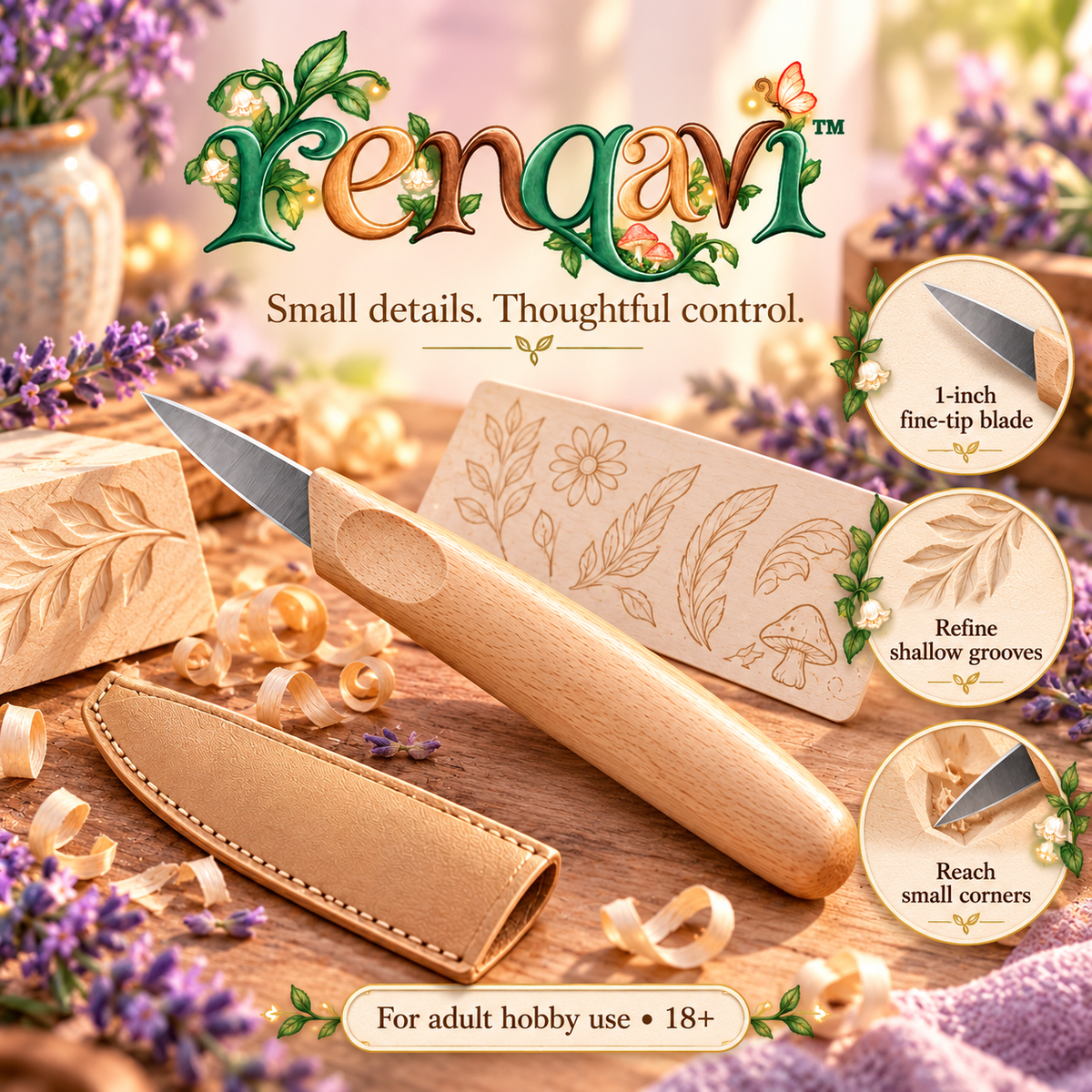 renqavi™ Linework Detail Carving Knife — 1-Inch Fine-Tip Whittling Tool for Small Wood Projects