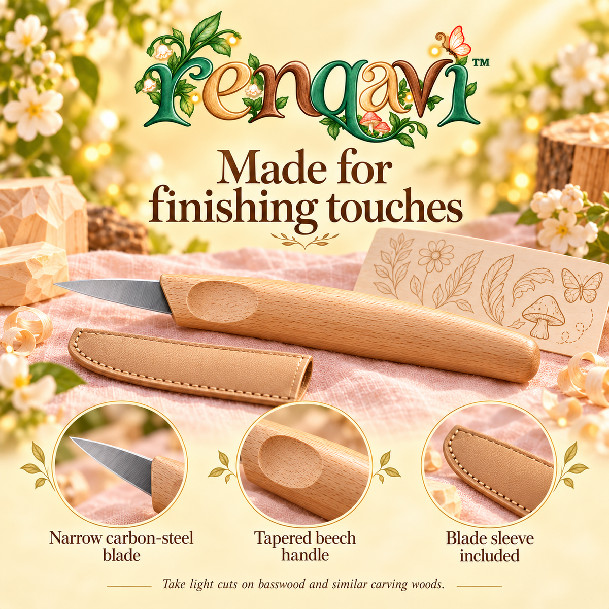 renqavi™ Linework Detail Carving Knife — 1-Inch Fine-Tip Whittling Tool for Small Wood Projects