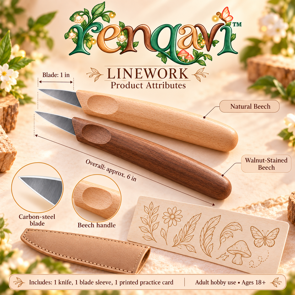 renqavi™ Linework Detail Carving Knife — 1-Inch Fine-Tip Whittling Tool for Small Wood Projects