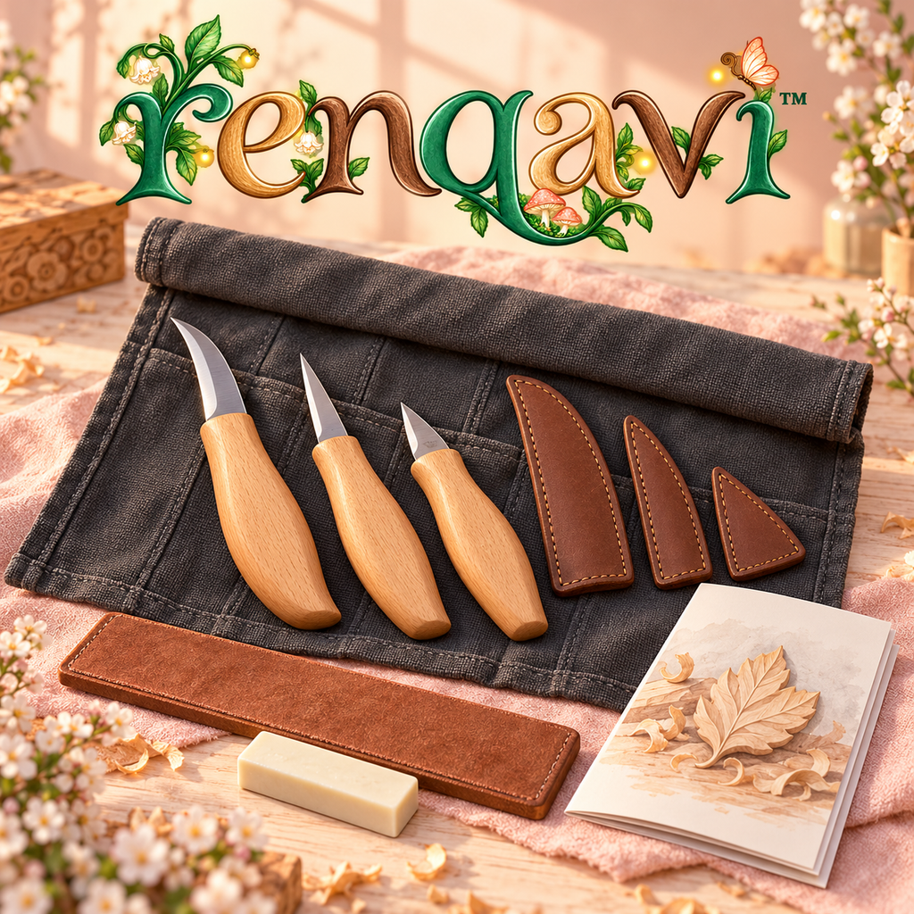 renqavi™ FirstCut 3-Knife Wood Carving Starter Set — Roughing, Detail & Chip Carving Tools with Canvas Roll
