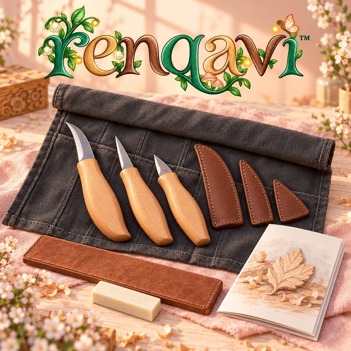 renqavi™ FirstCut 3-Knife Wood Carving Starter Set — Roughing, Detail & Chip Carving Tools with Canvas Roll