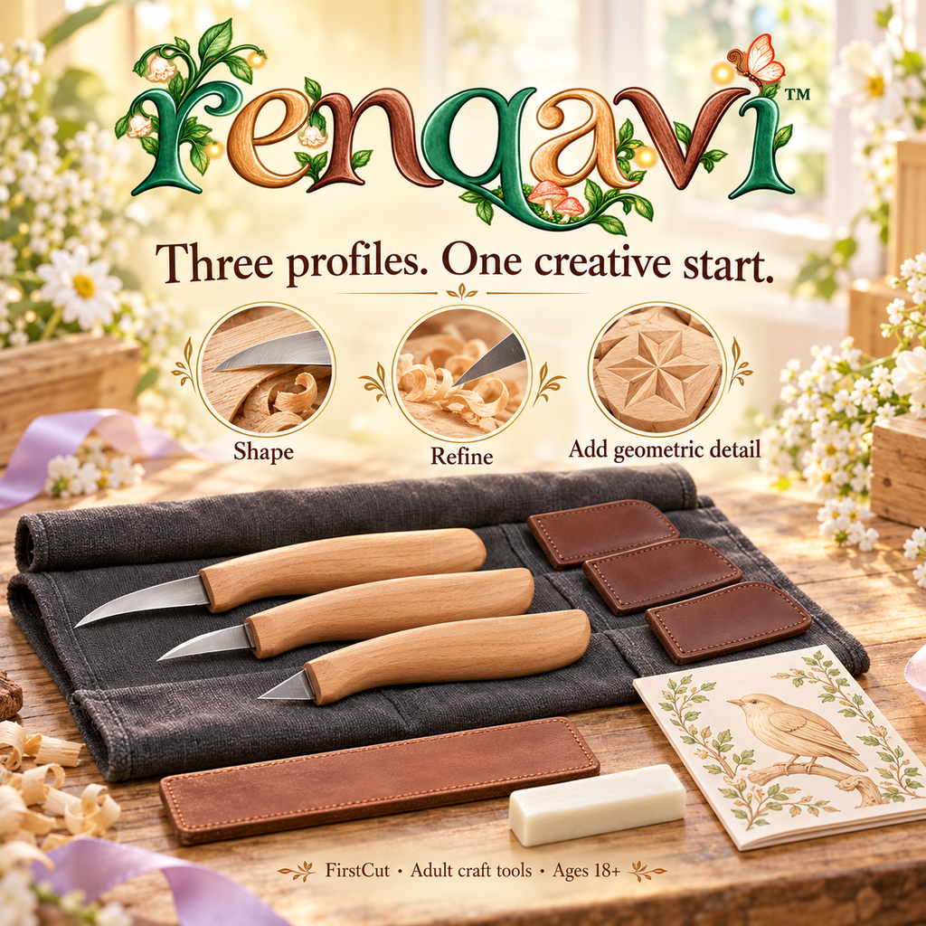 renqavi™ FirstCut 3-Knife Wood Carving Starter Set — Roughing, Detail