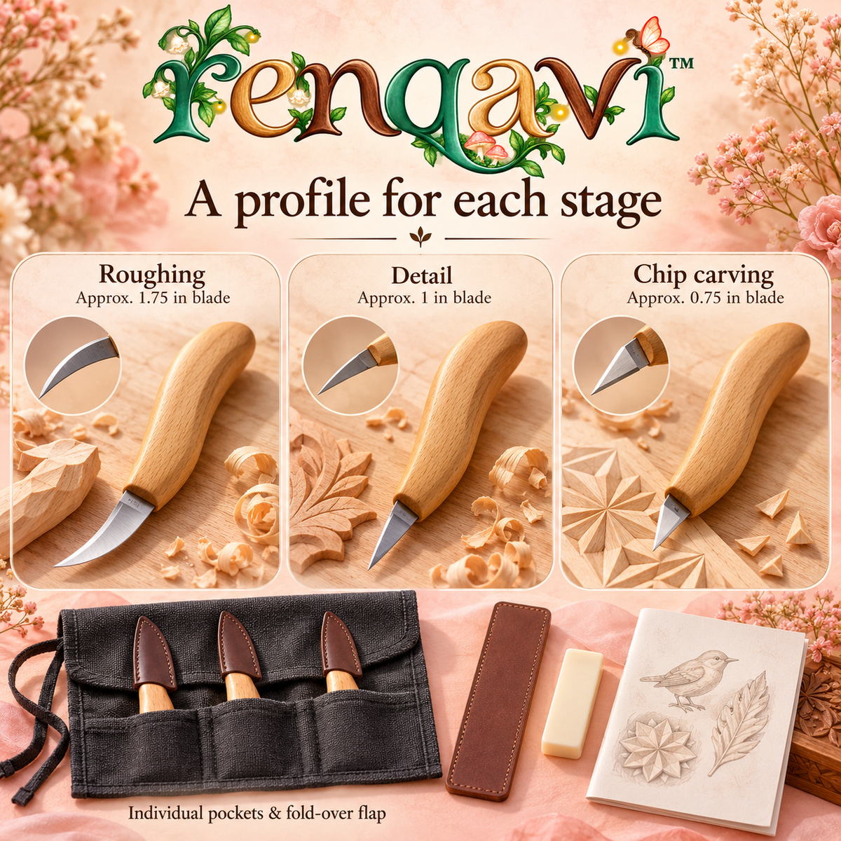 renqavi™ FirstCut 3-Knife Wood Carving Starter Set — Roughing, Detail & Chip Carving Tools with Canvas Roll