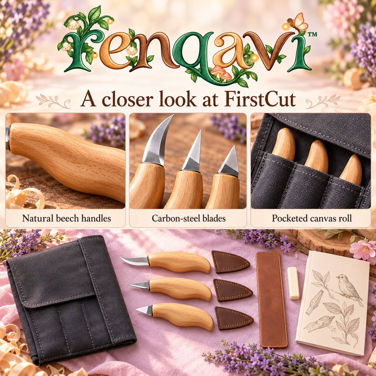 renqavi™ FirstCut 3-Knife Wood Carving Starter Set — Roughing, Detail & Chip Carving Tools with Canvas Roll