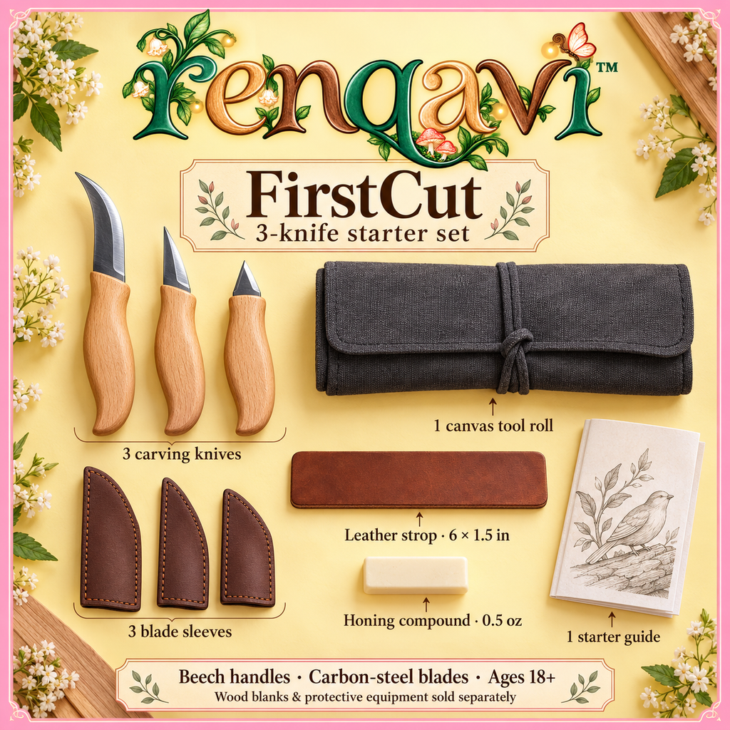 renqavi™ FirstCut 3-Knife Wood Carving Starter Set — Roughing, Detail