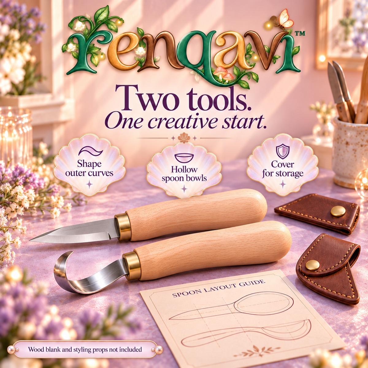 renqavi™ CurveStart Spoon Carving Tool Set — Sloyd Knife & Hook Knife with Protective Covers