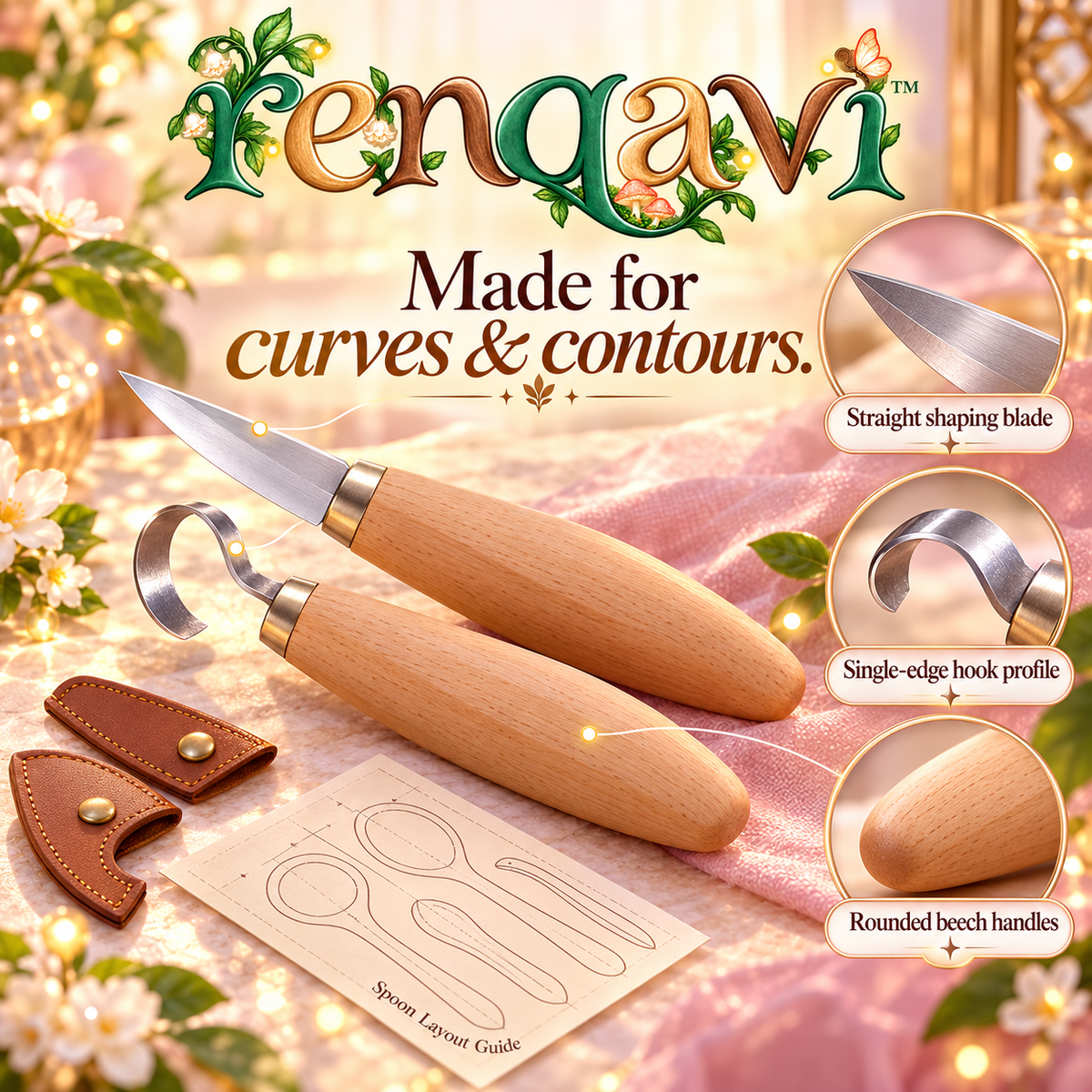 renqavi™ CurveStart Spoon Carving Tool Set — Sloyd Knife & Hook Knife with Protective Covers