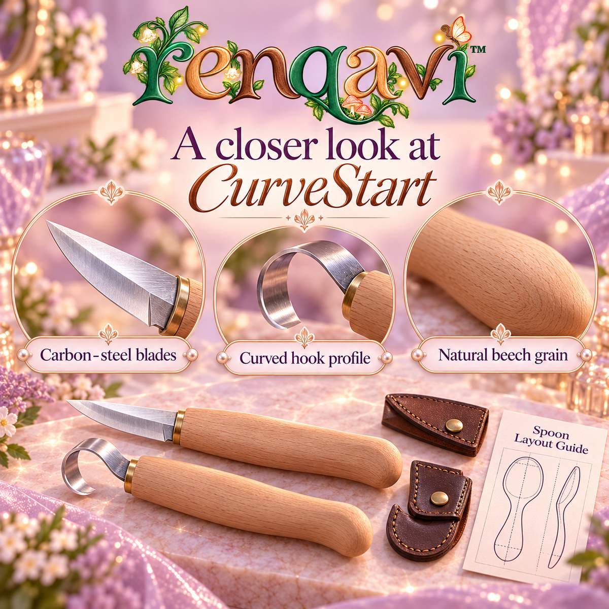 renqavi™ CurveStart Spoon Carving Tool Set — Sloyd Knife & Hook Knife with Protective Covers