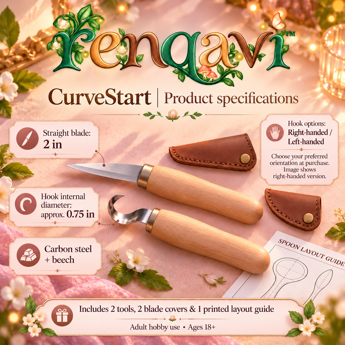renqavi™ CurveStart Spoon Carving Tool Set — Sloyd Knife & Hook Knife with Protective Covers