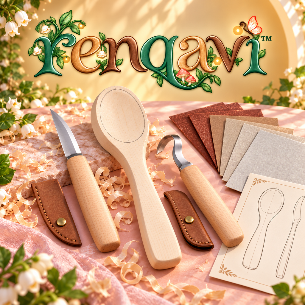 renqavi™ SpoonPath Beginner Spoon Carving Kit — Two Carving Tools, Basswood Blank & Finishing Abrasives
