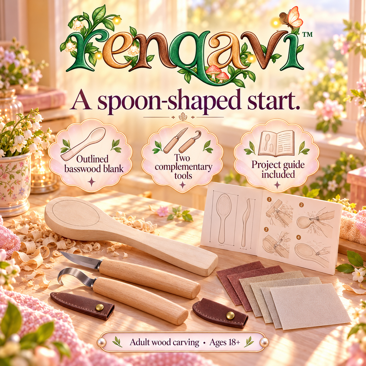 renqavi™ SpoonPath Beginner Spoon Carving Kit — Two Carving Tools, Basswood Blank & Finishing Abrasives