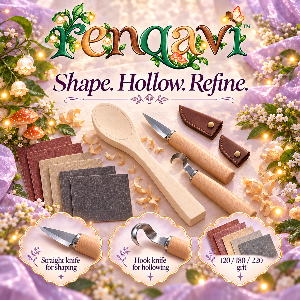renqavi™ SpoonPath Beginner Spoon Carving Kit — Two Carving Tools, Basswood Blank & Finishing Abrasives