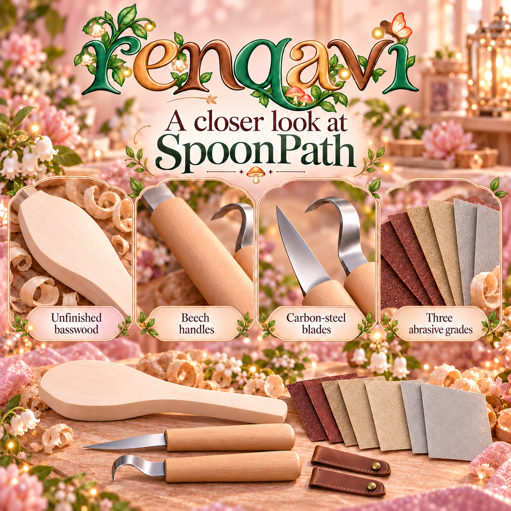 renqavi™ SpoonPath Beginner Spoon Carving Kit — Two Carving Tools, Basswood Blank & Finishing Abrasives