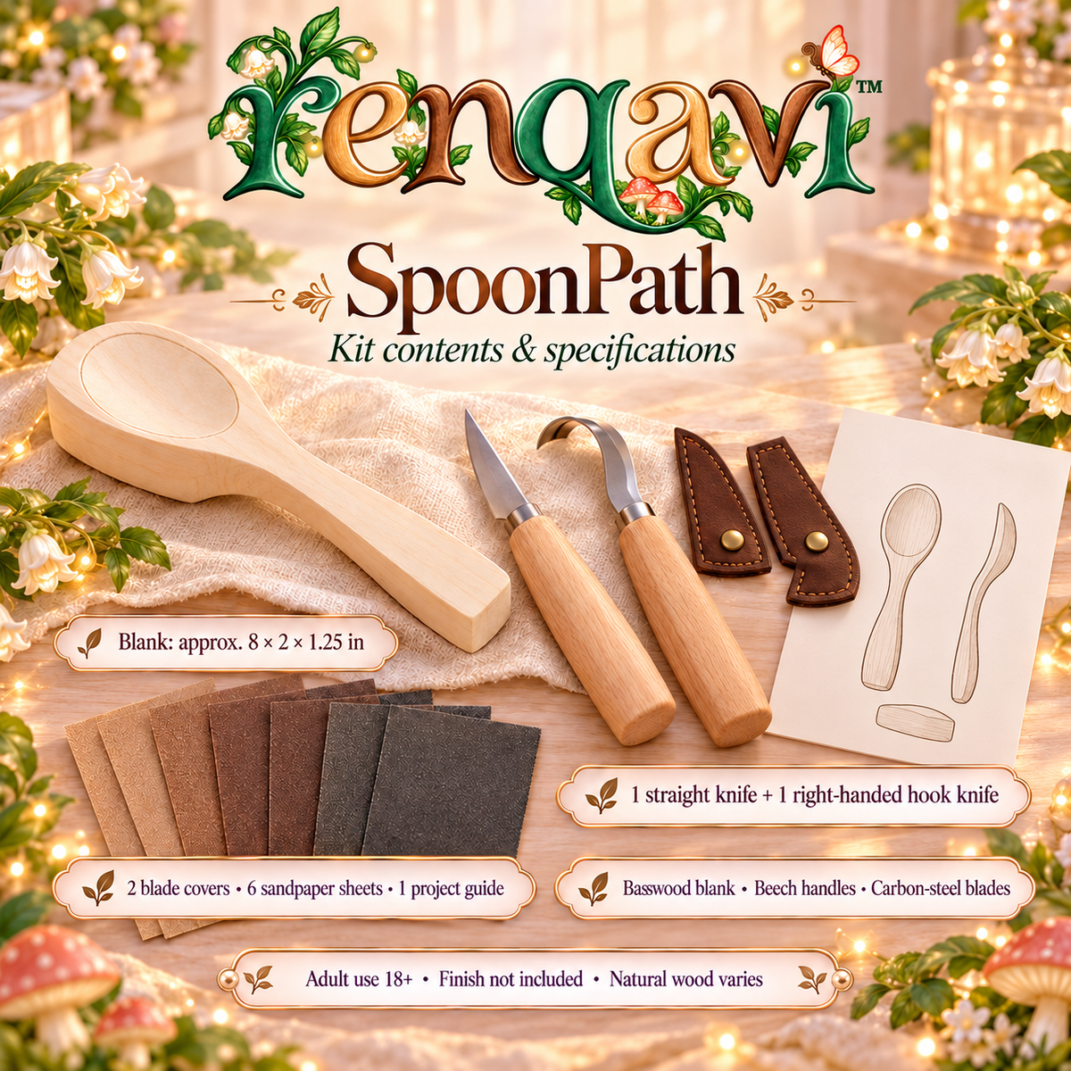 renqavi™ SpoonPath Beginner Spoon Carving Kit — Two Carving Tools, Basswood Blank & Finishing Abrasives