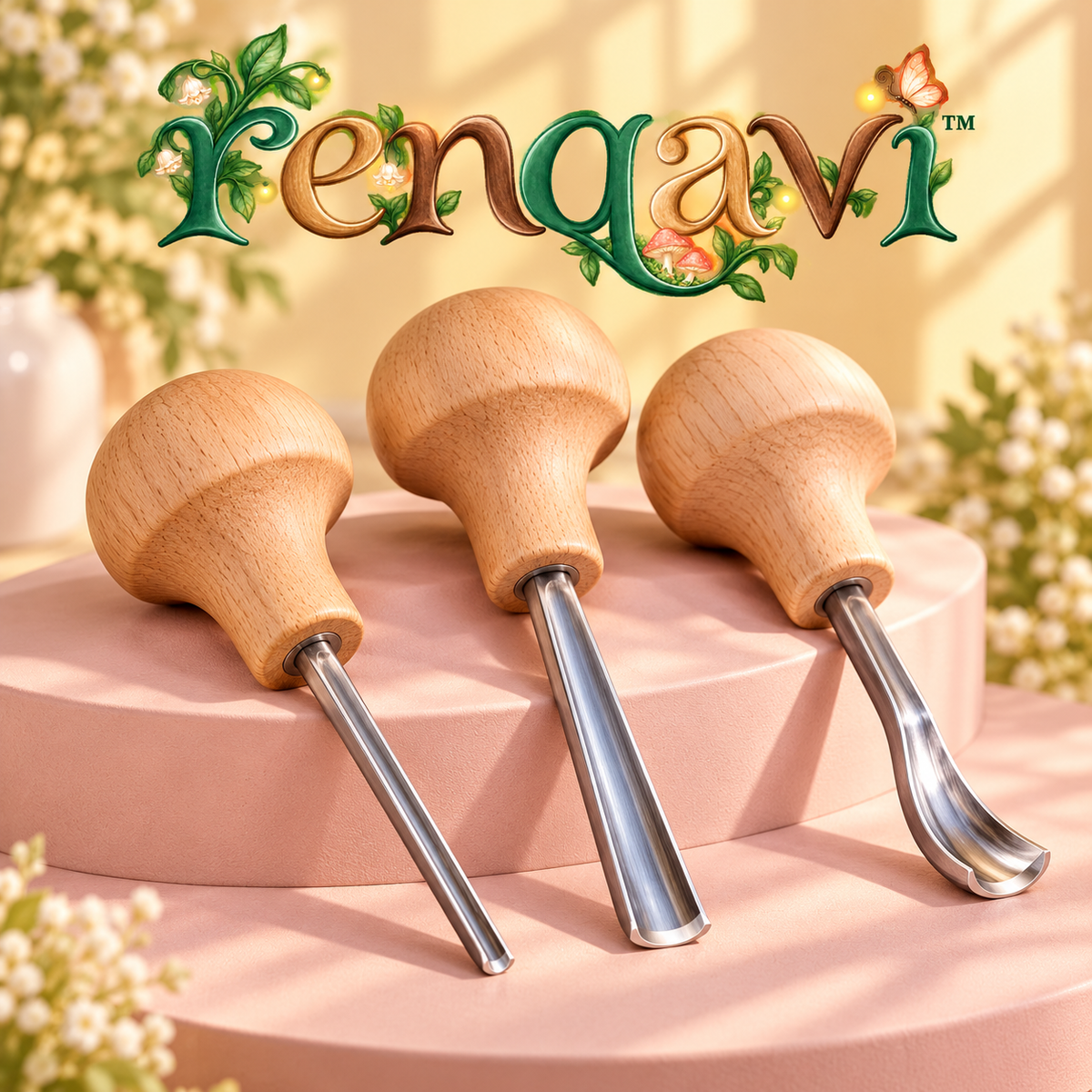 renqavi™ HollowForm Palm Gouge Set — Three Hand-Push Wood Carving Tools for Shallow Relief & Curved Details
