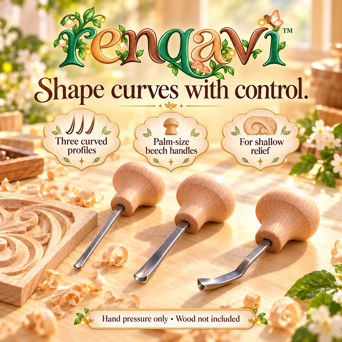 renqavi™ HollowForm Palm Gouge Set — Three Hand-Push Wood Carving Tools for Shallow Relief & Curved Details