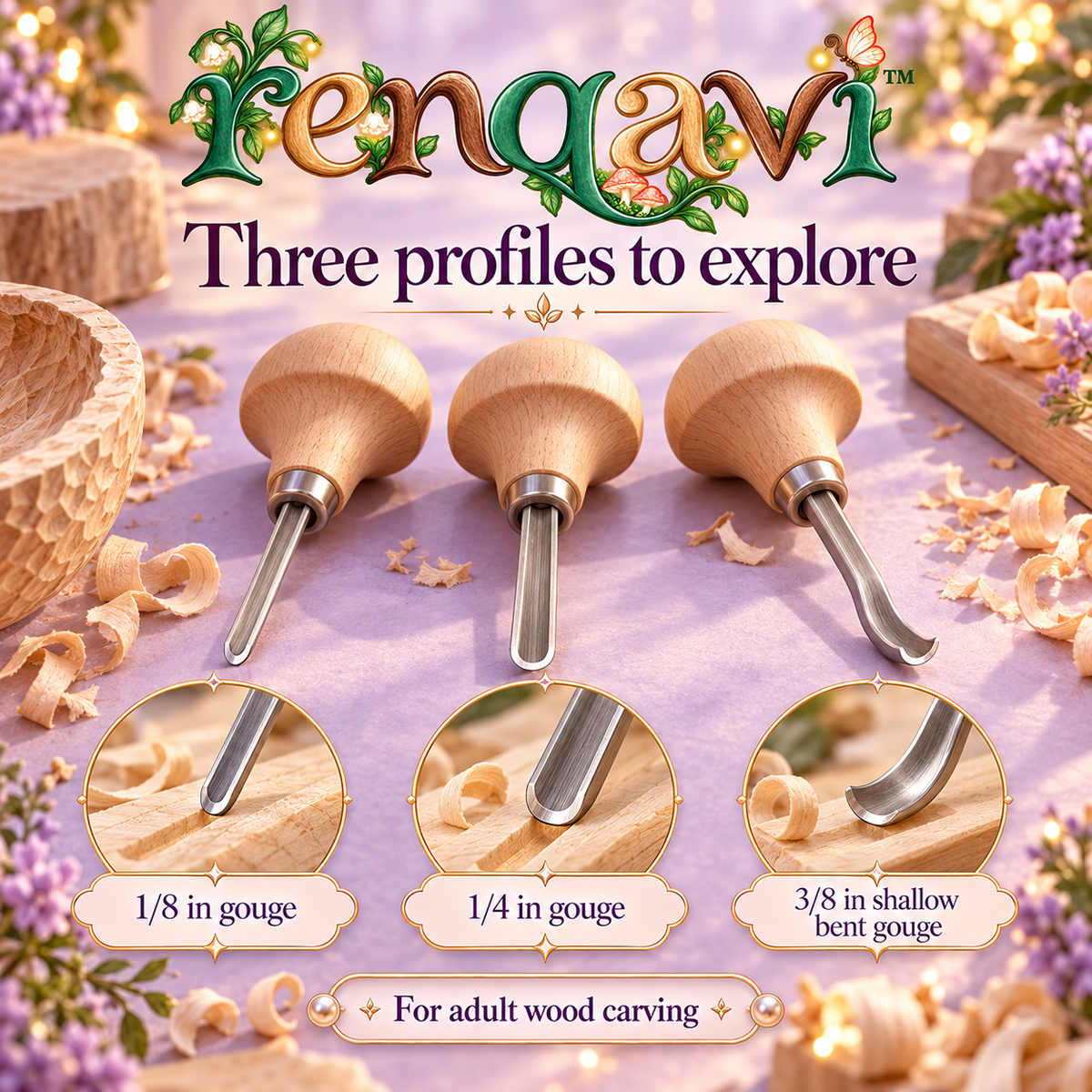 renqavi™ HollowForm Palm Gouge Set — Three Hand-Push Wood Carving Tools for Shallow Relief & Curved Details