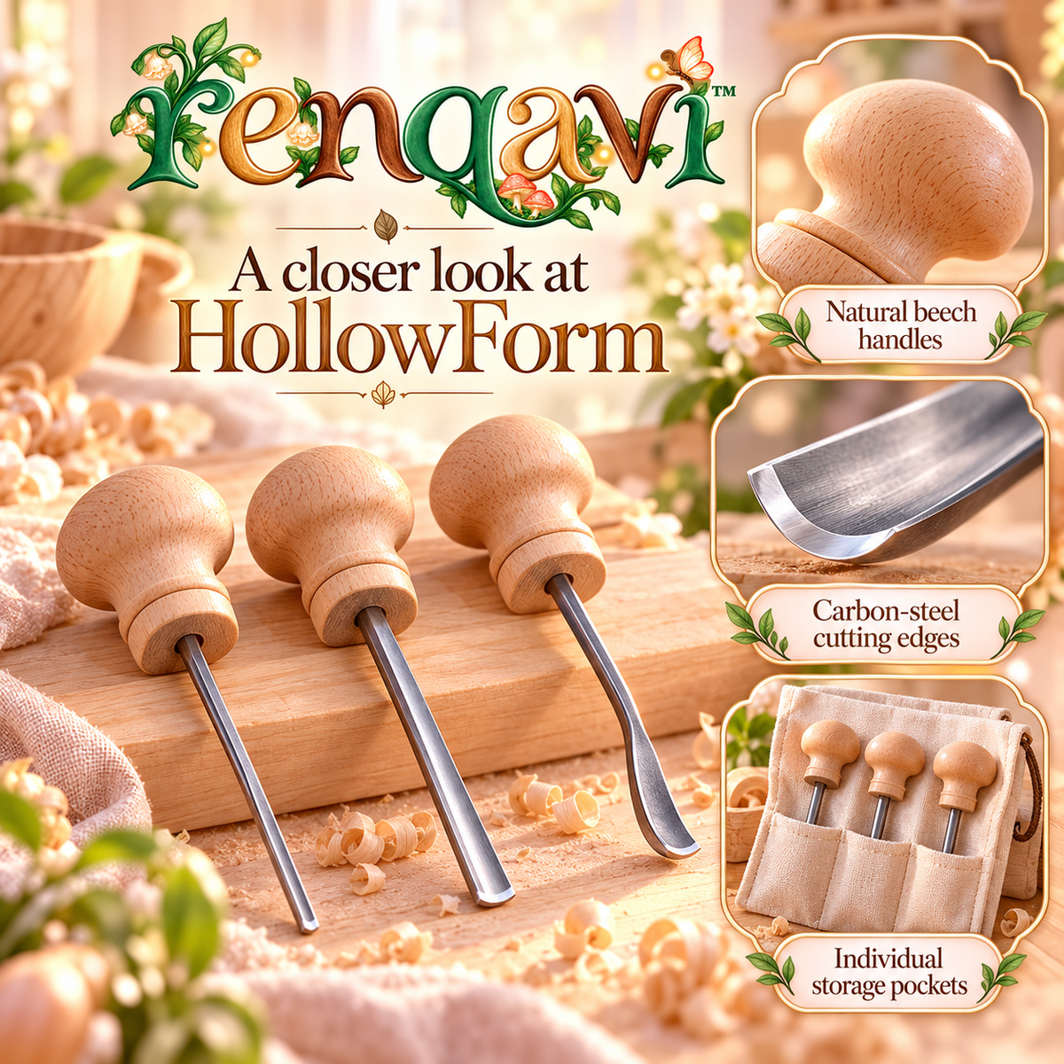 renqavi™ HollowForm Palm Gouge Set — Three Hand-Push Wood Carving Tools for Shallow Relief & Curved Details