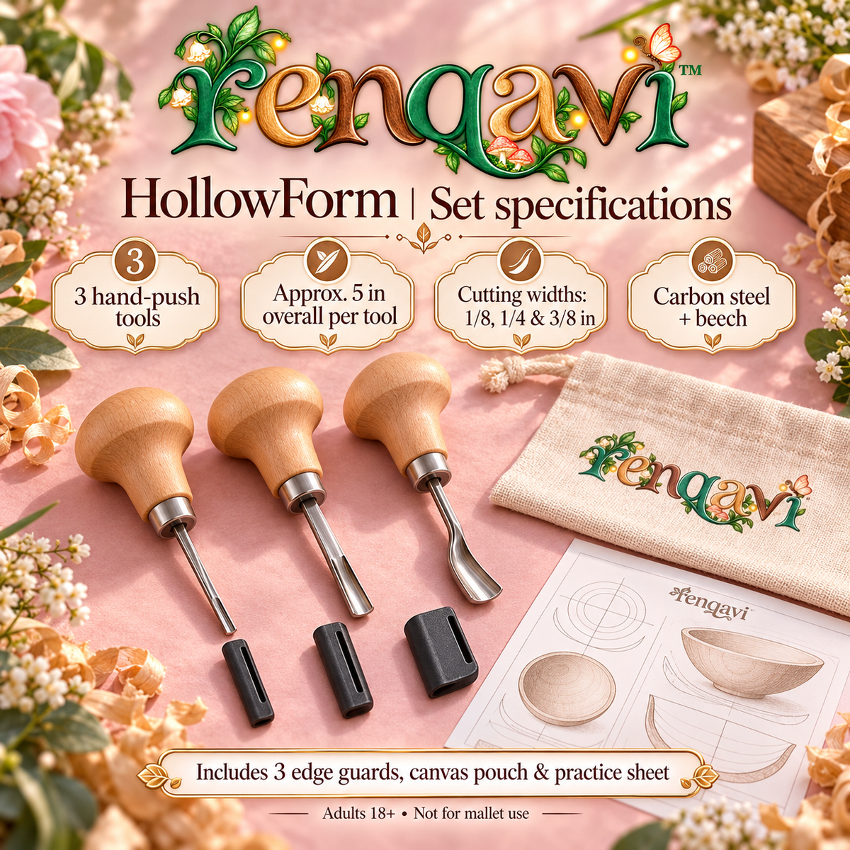 renqavi™ HollowForm Palm Gouge Set — Three Hand-Push Wood Carving Tools for Shallow Relief & Curved Details