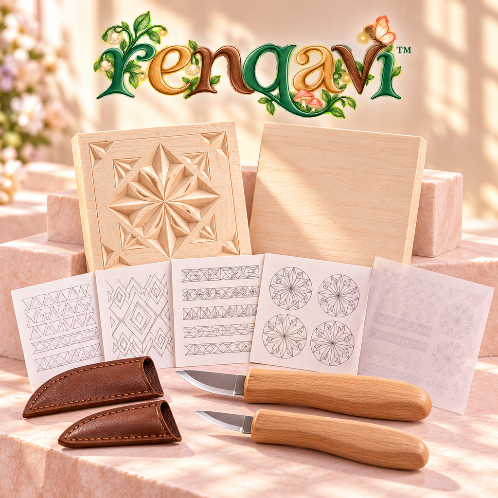 renqavi™ PatternCut Chip Carving Starter Kit — Two Knives, Basswood Practice Tiles & Geometric Templates