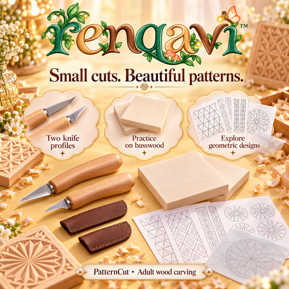 renqavi™ PatternCut Chip Carving Starter Kit — Two Knives, Basswood Practice Tiles & Geometric Templates