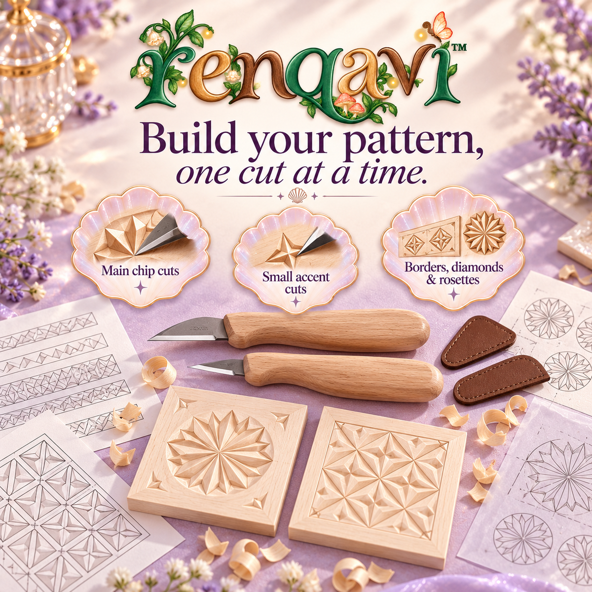 renqavi™ PatternCut Chip Carving Starter Kit — Two Knives, Basswood Practice Tiles & Geometric Templates