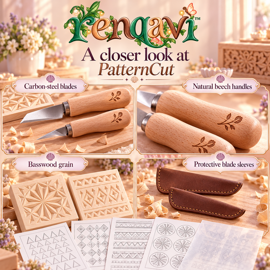 renqavi™ PatternCut Chip Carving Starter Kit — Two Knives, Basswood Practice Tiles & Geometric Templates