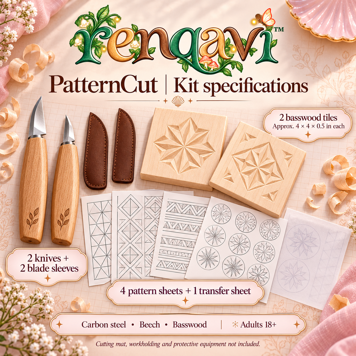 renqavi™ PatternCut Chip Carving Starter Kit — Two Knives, Basswood Practice Tiles & Geometric Templates