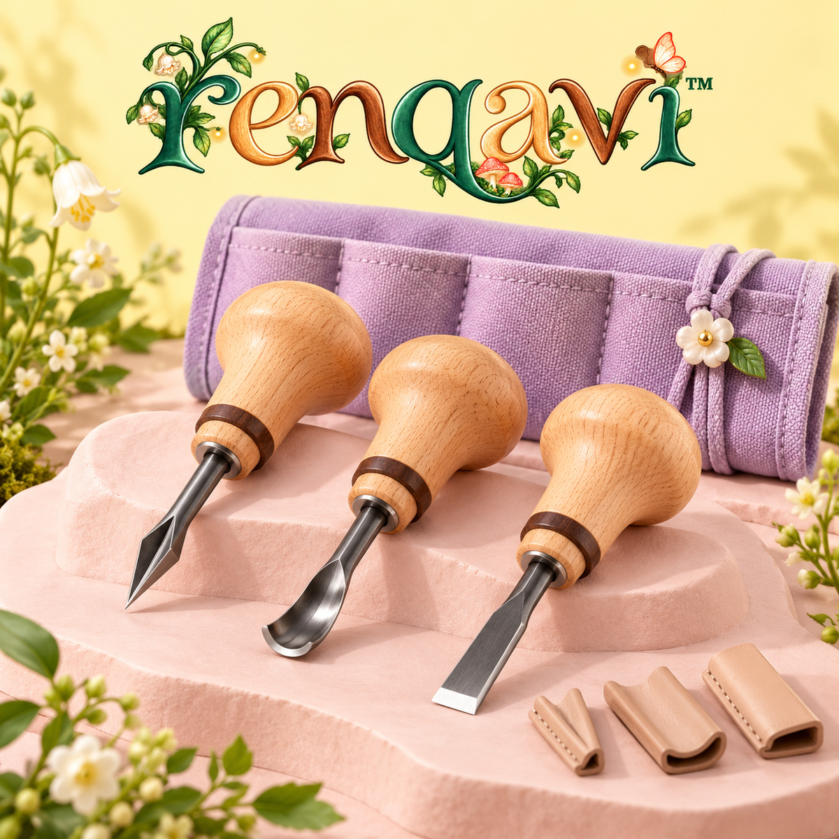 renqavi™ ReliefLine Palm Carving Set — V-Tool, Gouge & Flat Chisel for Beginner Wood Relief Projects