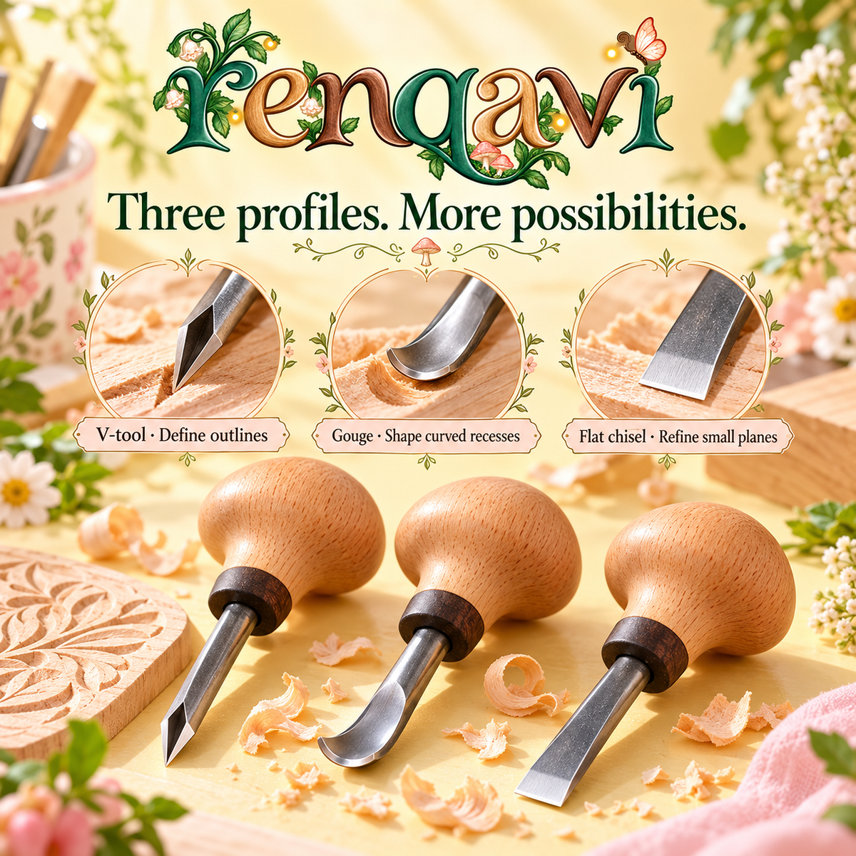 renqavi™ ReliefLine Palm Carving Set — V-Tool, Gouge & Flat Chisel for Beginner Wood Relief Projects