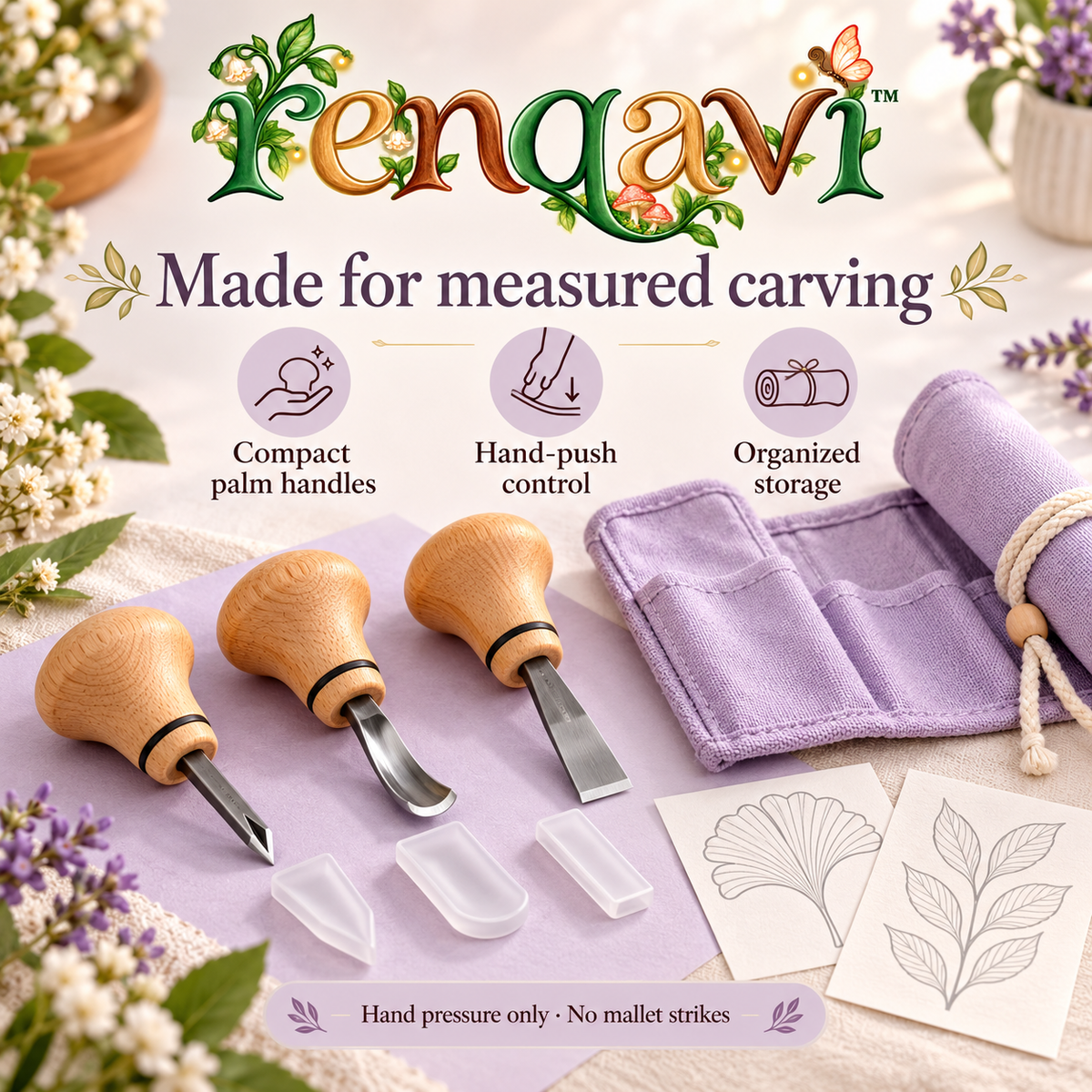 renqavi™ ReliefLine Palm Carving Set — V-Tool, Gouge & Flat Chisel for Beginner Wood Relief Projects