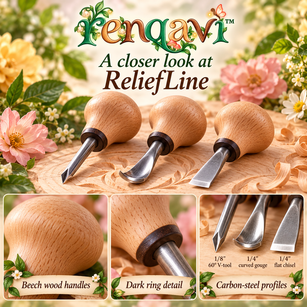 renqavi™ ReliefLine Palm Carving Set — V-Tool, Gouge & Flat Chisel for Beginner Wood Relief Projects