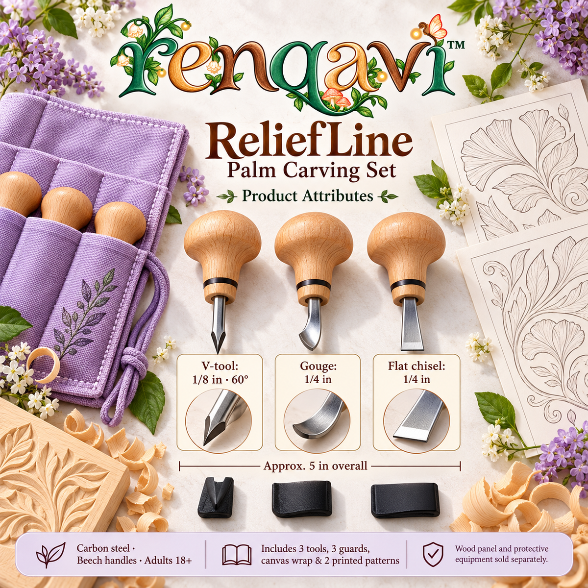 renqavi™ ReliefLine Palm Carving Set — V-Tool, Gouge & Flat Chisel for Beginner Wood Relief Projects