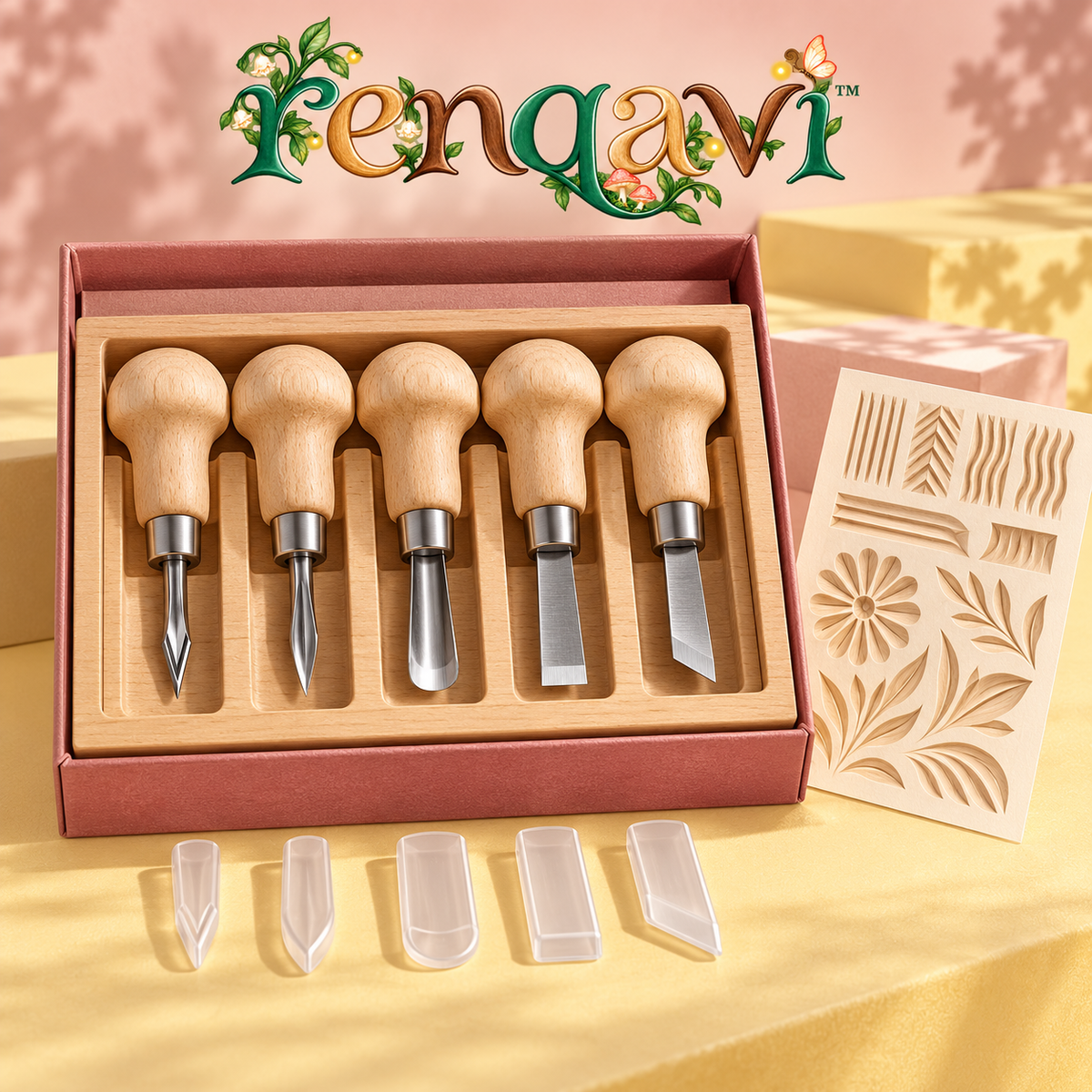 renqavi™ TextureMark Mini Carving Tool Set — Five Palm Tools for Small Wood Details, Grooves & Surface Patterns