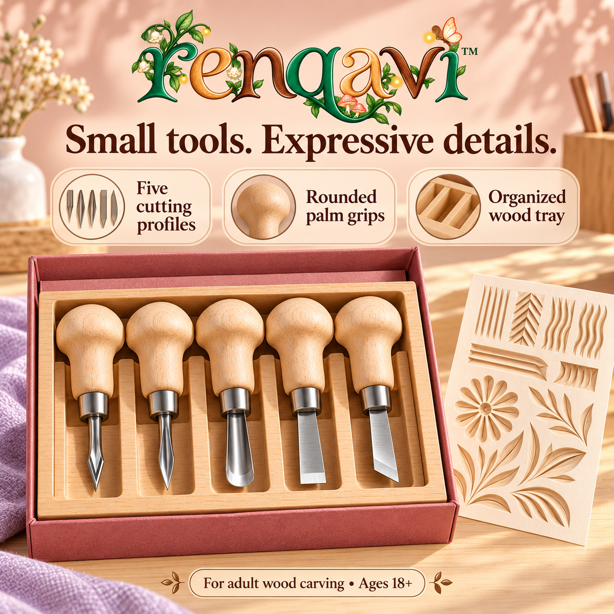 renqavi™ TextureMark Mini Carving Tool Set — Five Palm Tools for Small Wood Details, Grooves & Surface Patterns