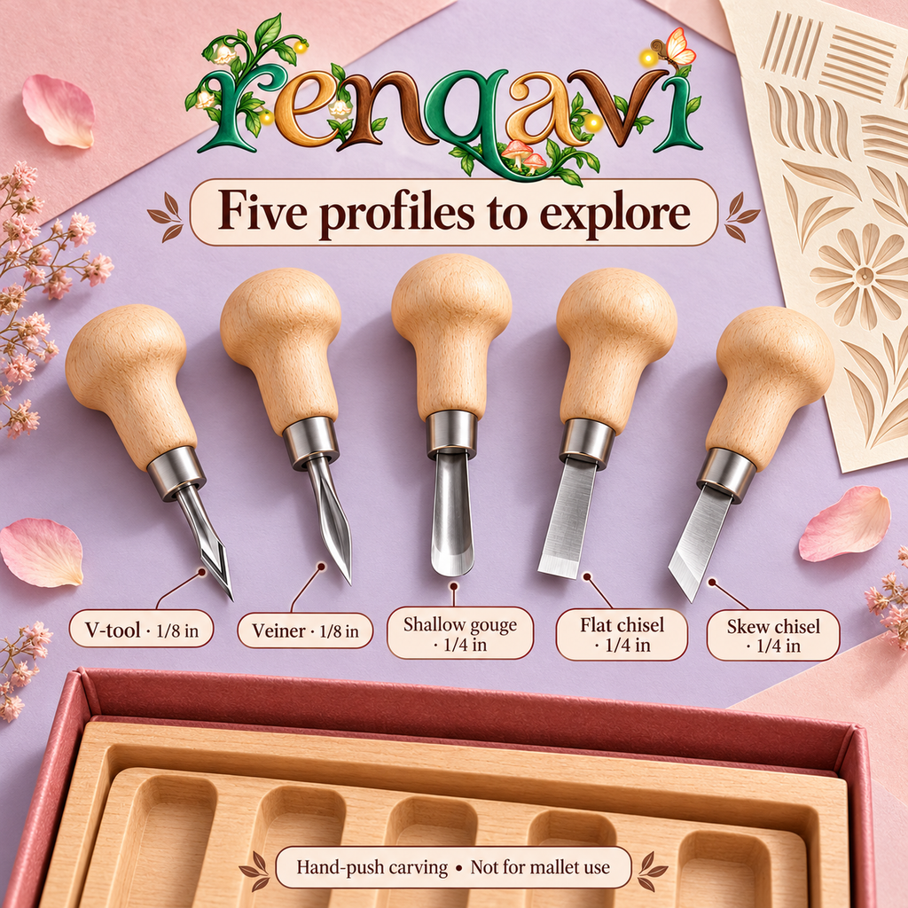 renqavi™ TextureMark Mini Carving Tool Set — Five Palm Tools for Small Wood Details, Grooves & Surface Patterns