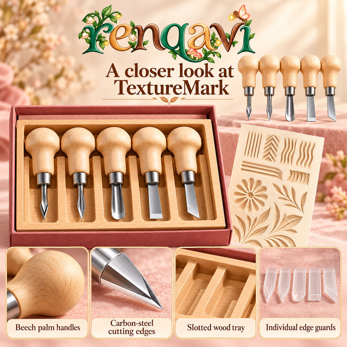 renqavi™ TextureMark Mini Carving Tool Set — Five Palm Tools for Small Wood Details, Grooves & Surface Patterns