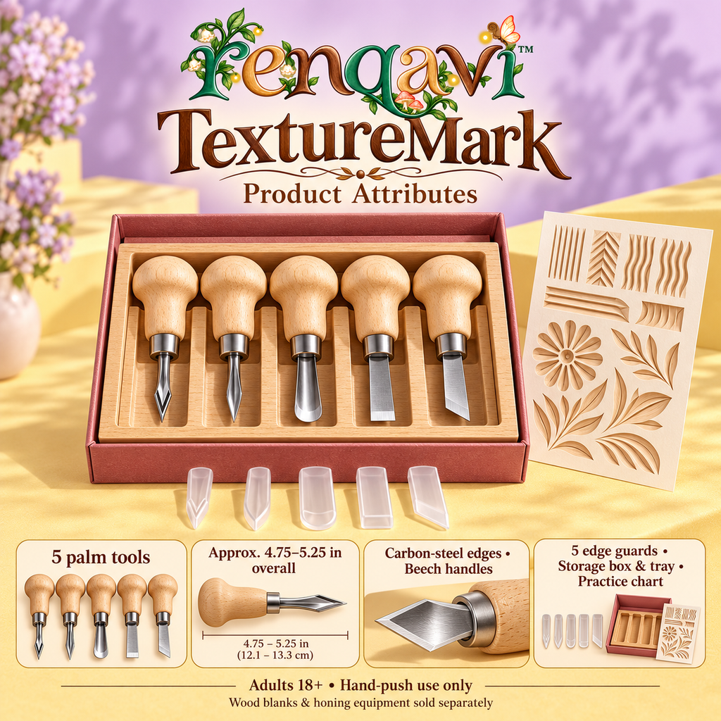 renqavi™ TextureMark Mini Carving Tool Set — Five Palm Tools for Small Wood Details, Grooves & Surface Patterns