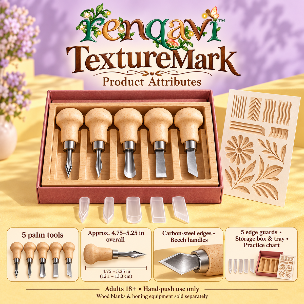 renqavi™ TextureMark Mini Carving Tool Set — Five Palm Tools for Small Wood Details, Grooves & Surface Patterns