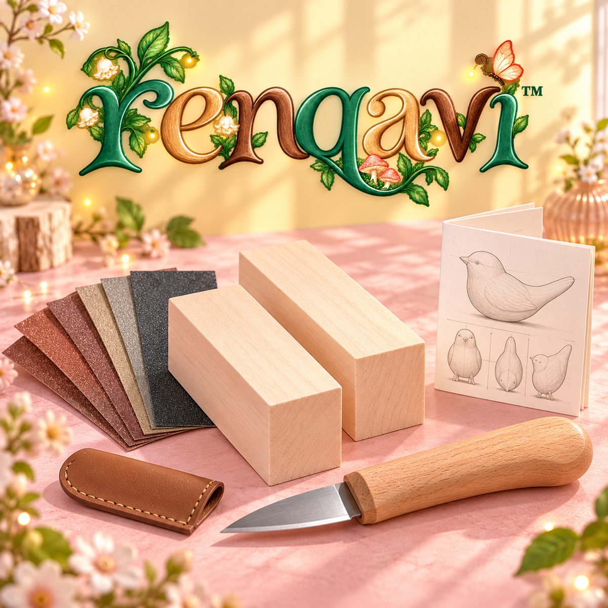 renqavi™ PocketBird Adult Wood Carving Kit — Basswood Bird Blanks, Whittling Knife & Sanding Supplies