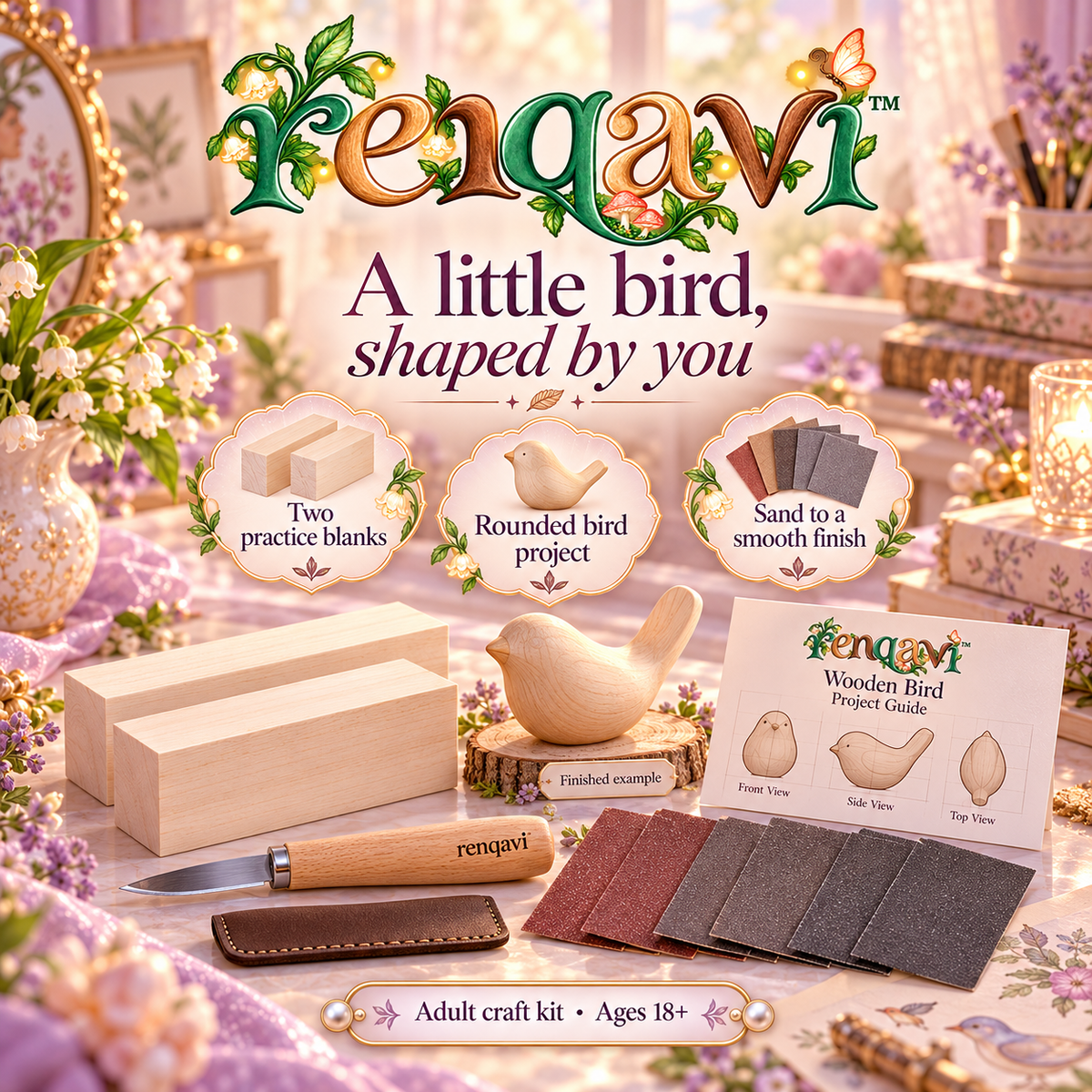 renqavi™ PocketBird Adult Wood Carving Kit — Basswood Bird Blanks, Whittling Knife & Sanding Supplies
