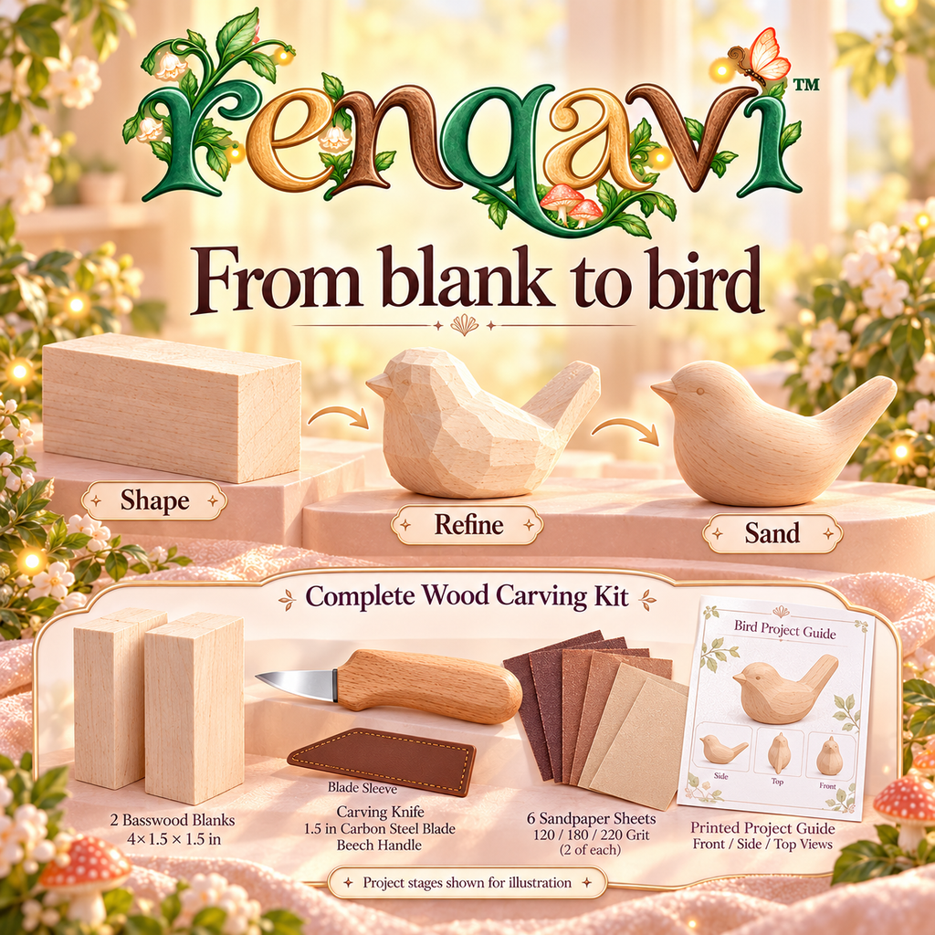 renqavi™ PocketBird Adult Wood Carving Kit — Basswood Bird Blanks, Whittling Knife & Sanding Supplies
