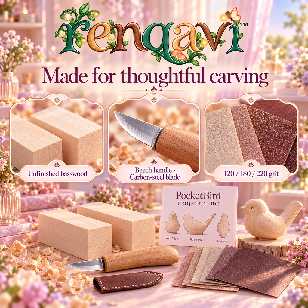 renqavi™ PocketBird Adult Wood Carving Kit — Basswood Bird Blanks, Whittling Knife & Sanding Supplies