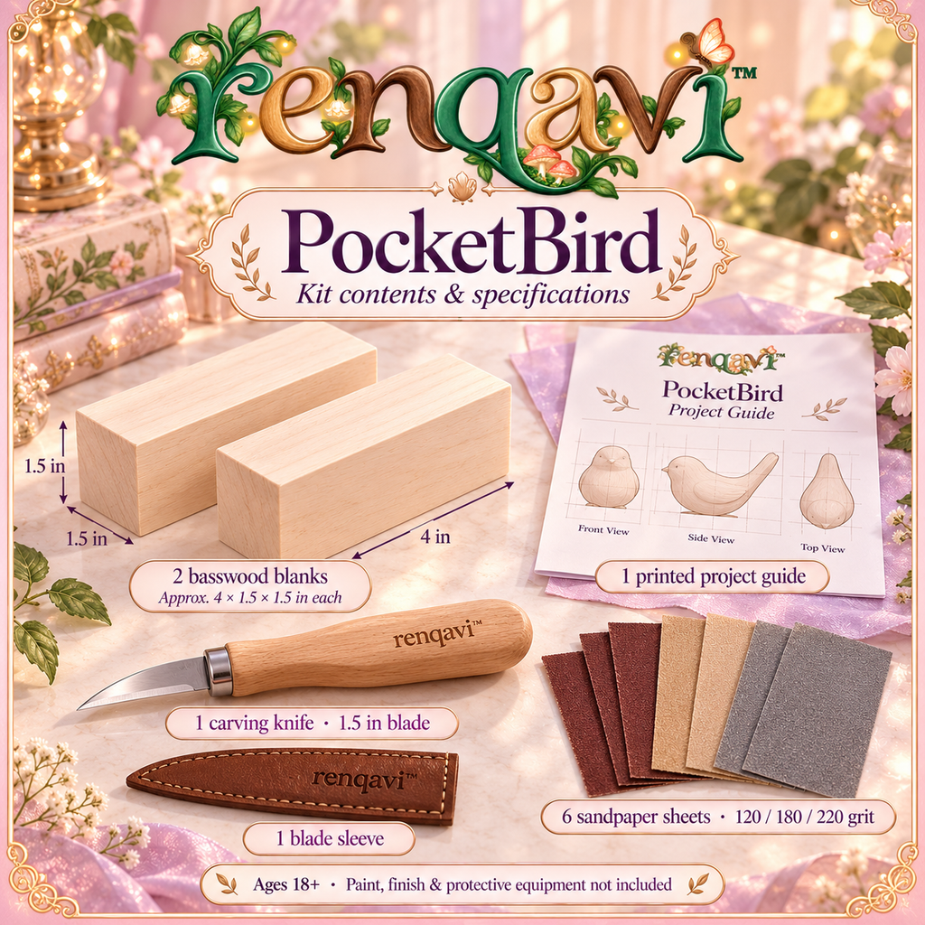 renqavi™ PocketBird Adult Wood Carving Kit — Basswood Bird Blanks, Whittling Knife & Sanding Supplies