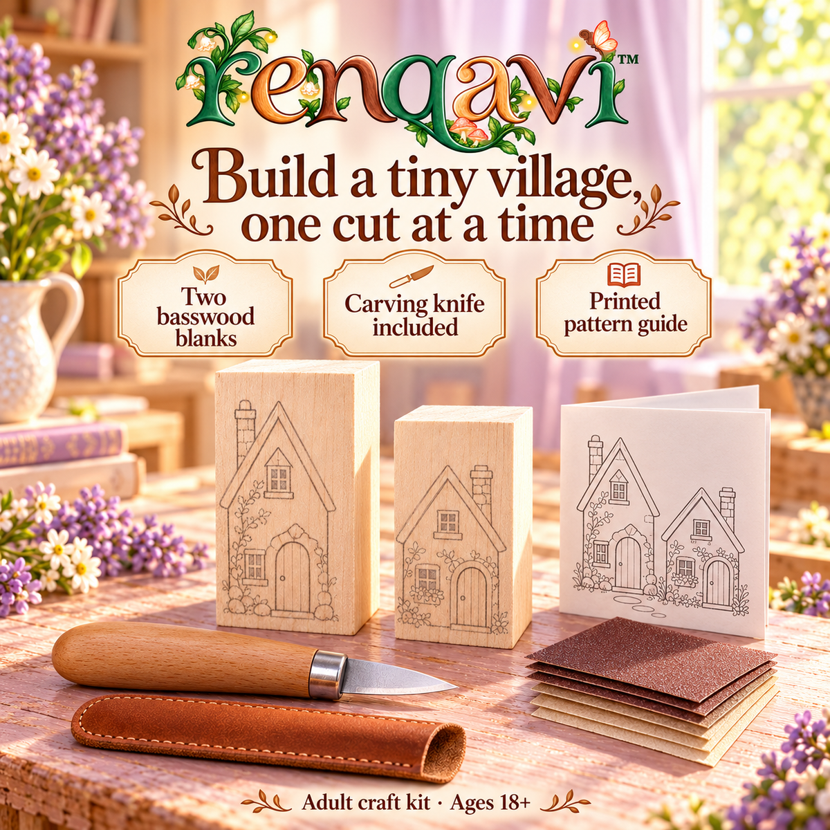 renqavi™ Nordic House Whittling Kit for Adults — Two Basswood Cottage Blanks, Carving Knife & Pattern Guide