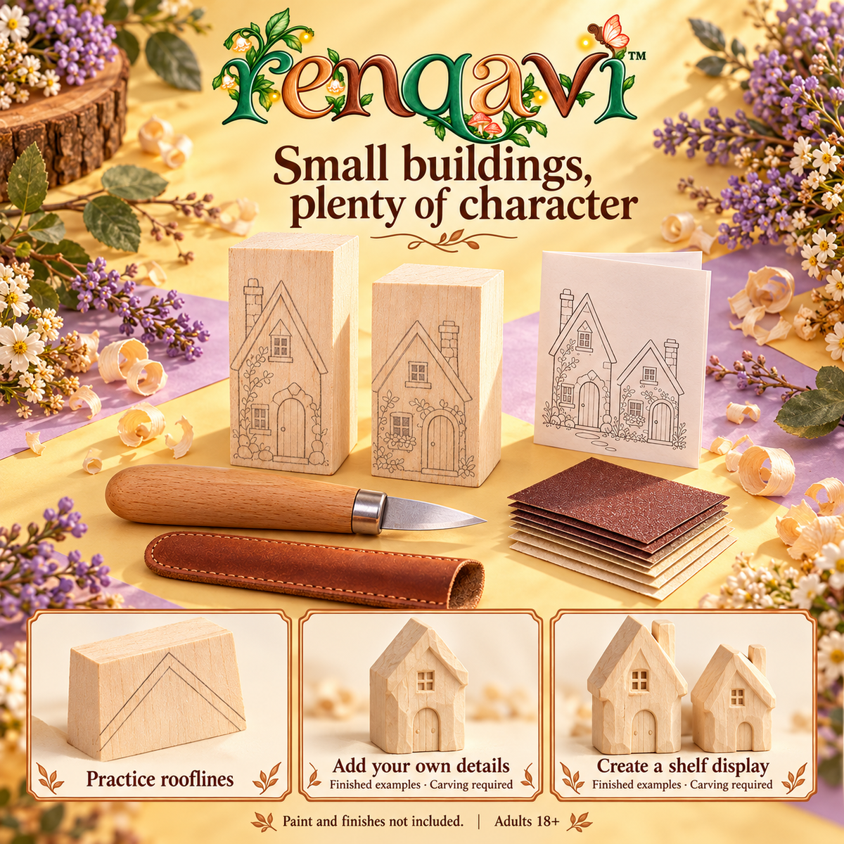 renqavi™ Nordic House Whittling Kit for Adults — Two Basswood Cottage Blanks, Carving Knife & Pattern Guide